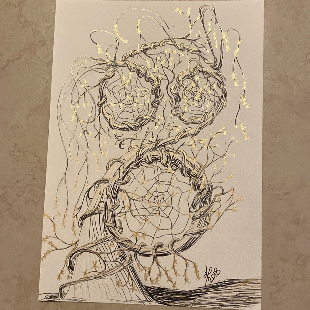 Unframed Original Art Drawing Illustration Ink & Gold Dream Catcher Tree AB Art